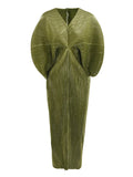 LANMREM Pleated Dress V Neck Batwing Stretch Dress