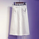 White Distressed Denim Mid-Calf Skirt| Chic Casual Women’s Skirt