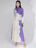 Pleated Turtleneck Top & Color Block Mid-Calf Skirt