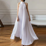 Elegant White Halter-Neck Pleated Dress