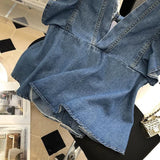 Ruffles Backless Lace Up Denim Blouses