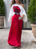 One-Shoulder Rose Flower Print Blouse