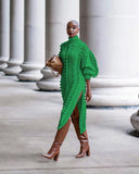 Bright High-Split Turtleneck Knit Dress