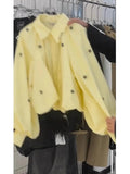 Turn-down Collar Long Puffy Sleeve Cropped Blouse
