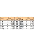 Size chart for clothing measurements in centimeters and inches.