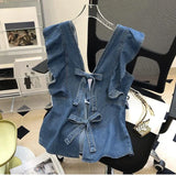 Ruffles Backless Lace Up Denim Blouses