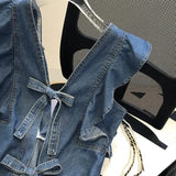 Ruffles Backless Lace Up Denim Blouses