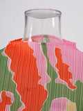 Bright Floral Abstract Print Pleated Stretch Dress
