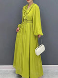 Ruffled Collar Pleated Chiffon Mid-Calf Dress