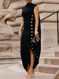 FREEACY Sleeveless High Neck Button Adorned Split-Side Dress