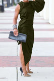 Bright Single Sleeve Lantern Split Dress