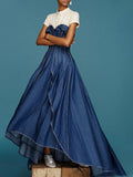 Denim Off the Shoulder Layered Corset Strapless Maxi Dress