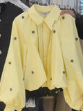 Turn-down Collar Long Puffy Sleeve Cropped Blouse