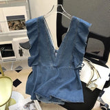 Ruffles Backless Lace Up Denim Blouses