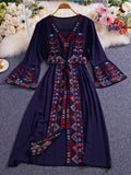Bohemian Embroidered V-Neck Drawstring Mid-Calf Dress