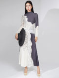 Pleated Turtleneck Top & Color Block Mid-Calf Skirt