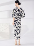 Bright Black & White Pleated Batwing Stretch Dress