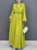 Ruffled Collar Pleated Chiffon Mid-Calf Dress