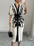 Elegant Floral V-Neck Half Sleeve Midi Dress