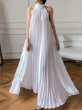 Elegant White Halter-Neck Pleated Dress