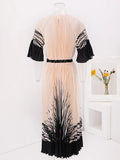 Ivory Contrast Print Pleated Midi Dress with Belt