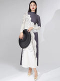Pleated Turtleneck Top & Color Block Mid-Calf Skirt