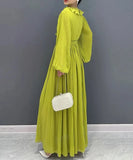 Ruffled Collar Pleated Chiffon Mid-Calf Dress