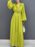 Ruffled Collar Pleated Chiffon Mid-Calf Dress