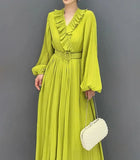 Ruffled Collar Pleated Chiffon Mid-Calf Dress