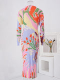 Bright Floral Abstract Print Pleated Stretch Dress