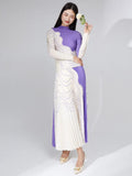 Pleated Turtleneck Top & Color Block Mid-Calf Skirt