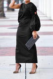 Bright Single Sleeve Lantern Split Dress