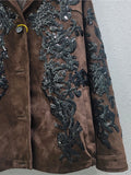Notched Collar Sequin Embroidery Suede Blazer
