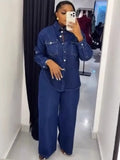 2-Piece Matching Set - Solid Color Long Sleeve Denim Top And Jean