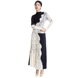 Pleated Turtleneck Top & Color Block Mid-Calf Skirt
