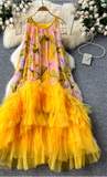 French Vintage Floral Print Dress w/Tulle Embellishment