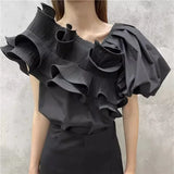 Sexy Skew Collar Blouse with Puff Short Sleeves