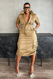 Streetwear Cargo Midi Dress with Pockets