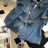 Ruffles Backless Lace Up Denim Blouses
