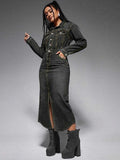 Turn-Down Collar Denim Maxi Dress