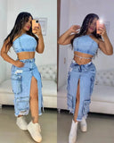 Light Blue Split Pocket Mini Denim Skirt