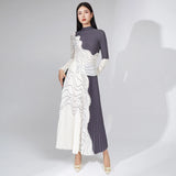 Pleated Turtleneck Top & Color Block Mid-Calf Skirt