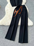 Leisure Short Sleeved Knitted Cardigan & High Waist Wide Leg Pants