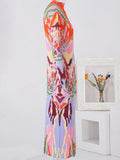 Bright Floral Abstract Print Pleated Stretch Dress