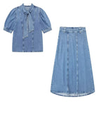 Bow Embellished Denim Set  Shirt & Skirt Combo