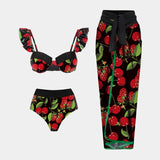 Ruffle Floral Printed Swimwear And Skirt Suit