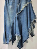 Stack of denim fabric with frayed edges on a white background
