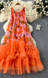 French Vintage Floral Print Dress w/Tulle Embellishment