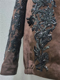 Notched Collar Sequin Embroidery Suede Blazer