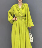 Ruffled Collar Pleated Chiffon Mid-Calf Dress